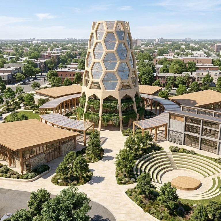Rendering of the Gedi School & Centre, centred on its honeycomb tower, community buildings, and amphitheatre